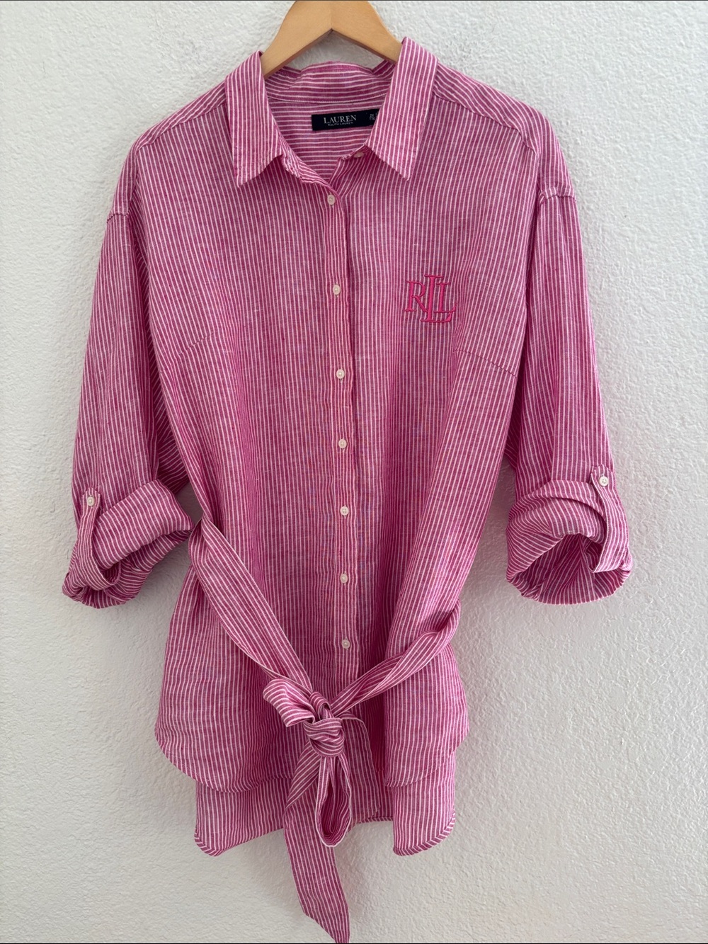 Lauren Ralph Lauren Black Label Linen Striped Button Tie Shirt Roll Tab Sleeves - Picture 3 of 13